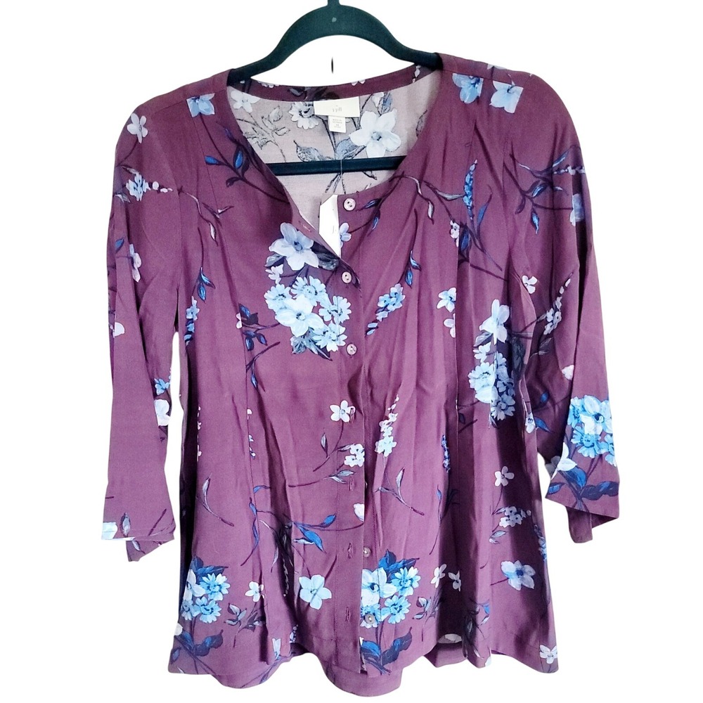 J. Jill XSP Boho‎ Top Purple Blue Floral V-Neck Button Front Blouse Rear Tie NWT